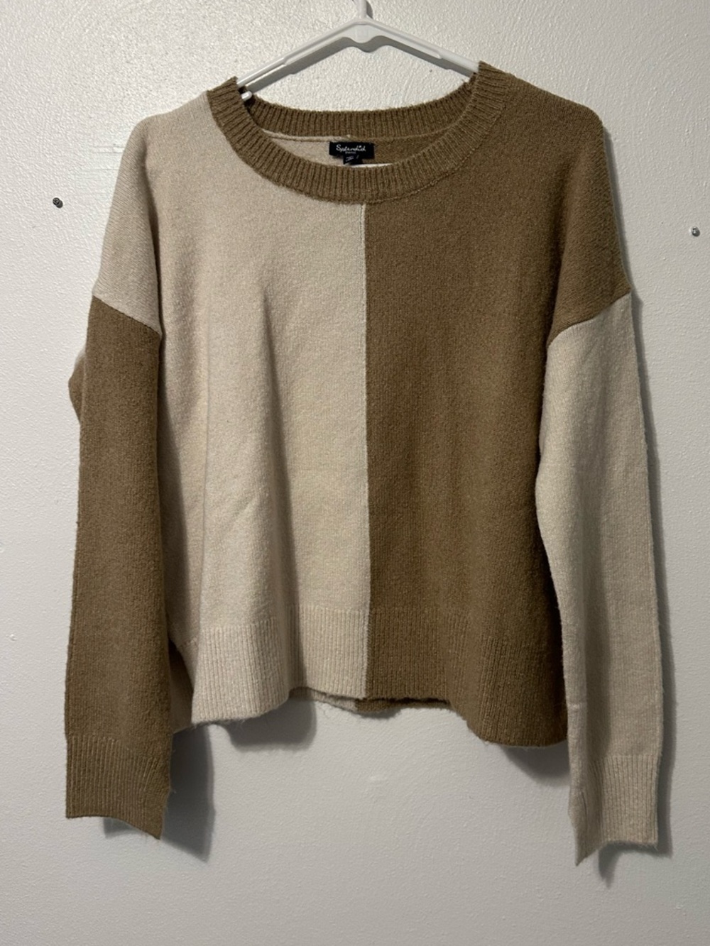 Splendid Two-Tone Crewneck Sweater in Camel & Cream
